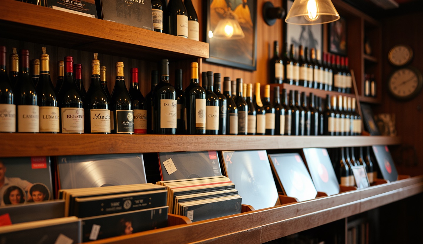 Vinyl records and wine bottles side by side on a wooden shelf in a cosy wine bar
